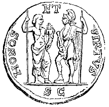 Honos et Virtus sur un aureus romain, illustration du Dictionary of Roman Coins de Seth William Stevenson, 1889