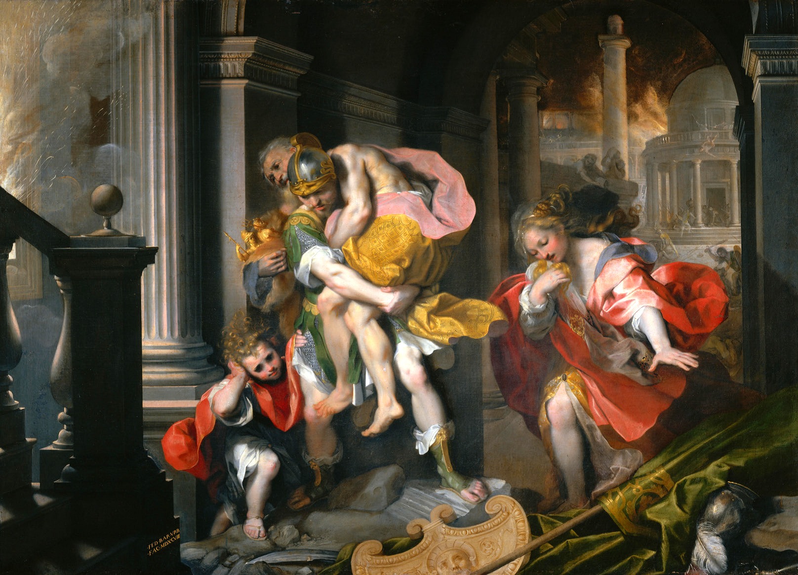 Federico Barocci, La Fuite d'Énée de Troie, 1598, huile sur toile, Galleria Borghese, Rome — Anchise tient les Pénates dans ses bras